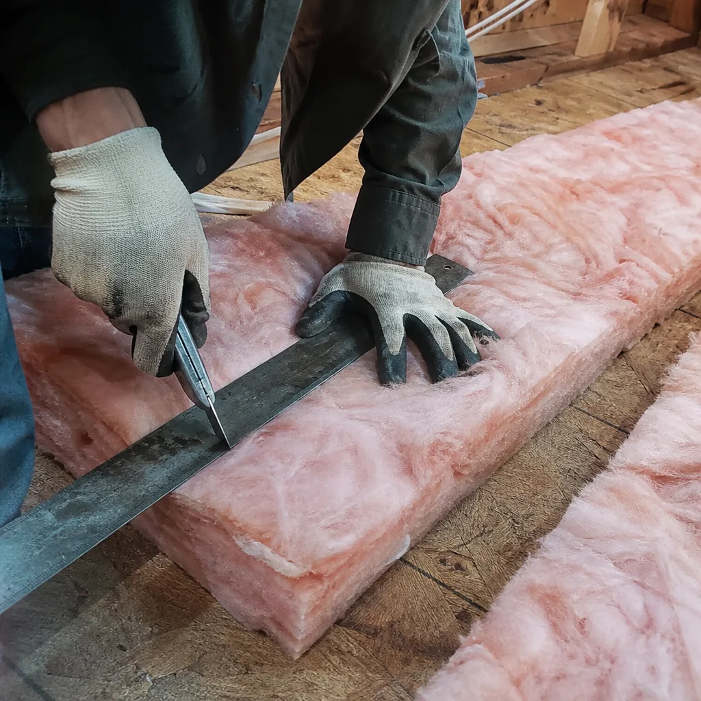 Professional cutting pink fiberglass attic insulation with a utility knife