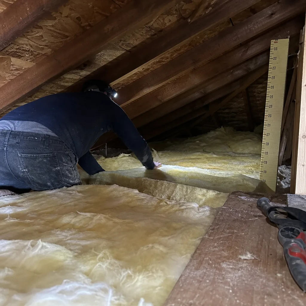 Technician checking attic fiberglass insulation levels with a measurement ruler