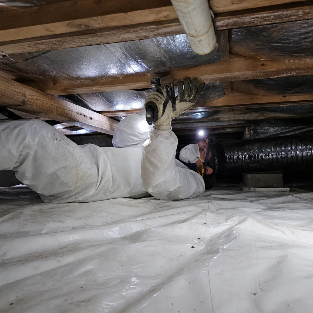 Crawl space encapsulation professional installing a vapor barrier in a residential crawlspace
