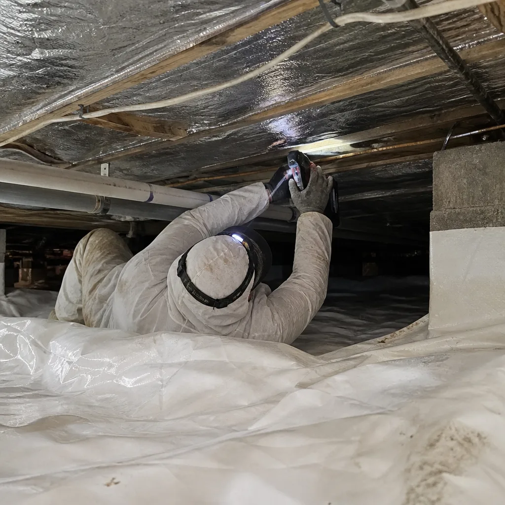 Technician installing vapor barrier during professional crawl space encapsulation service