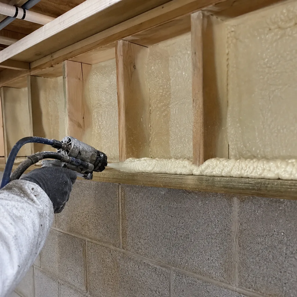 Contractor applying professional spray foam insulation between wall studs