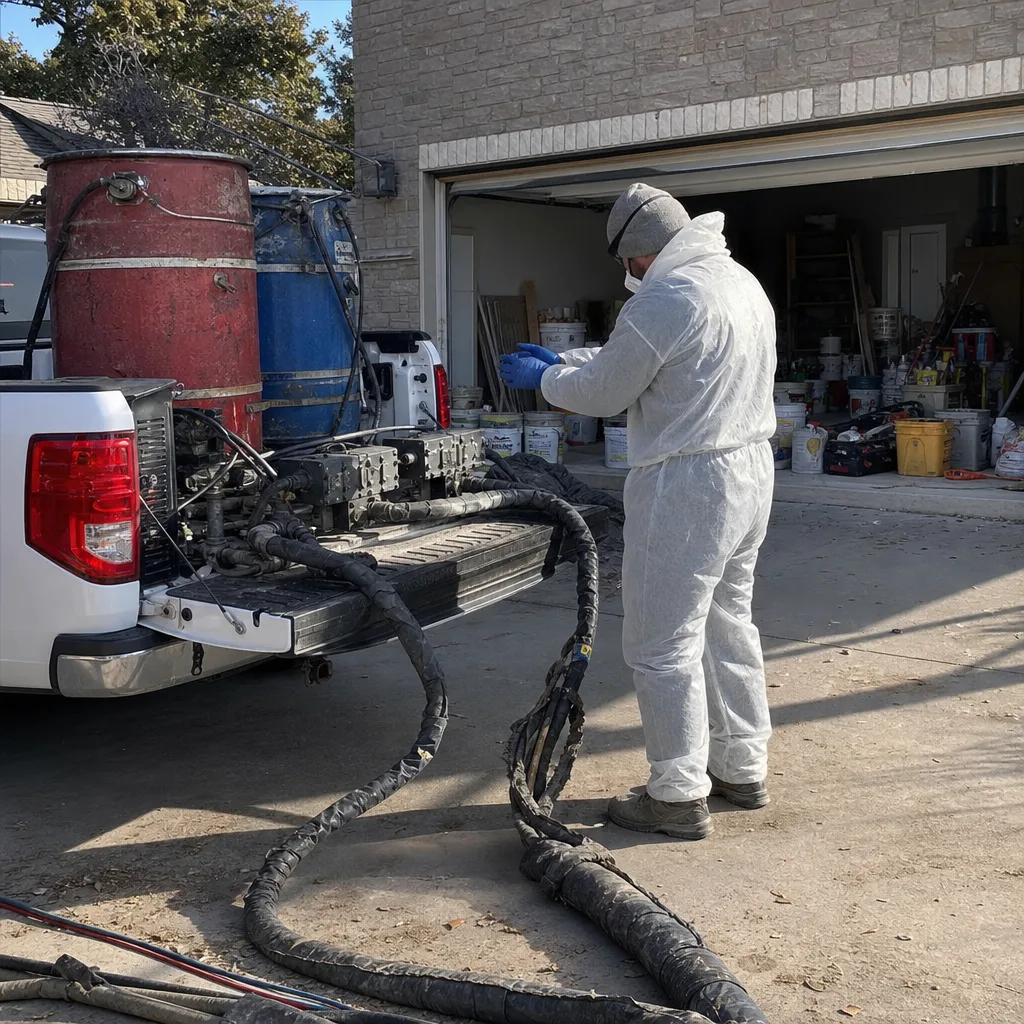 Contractor preparing spray foam insulation equipment on a job site.